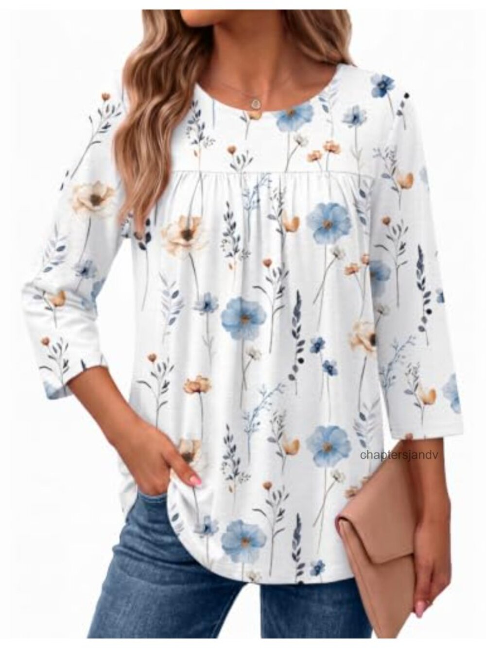 3/4 Sleeve Pleated Front Boho Blouse Curved Hem Casual Top